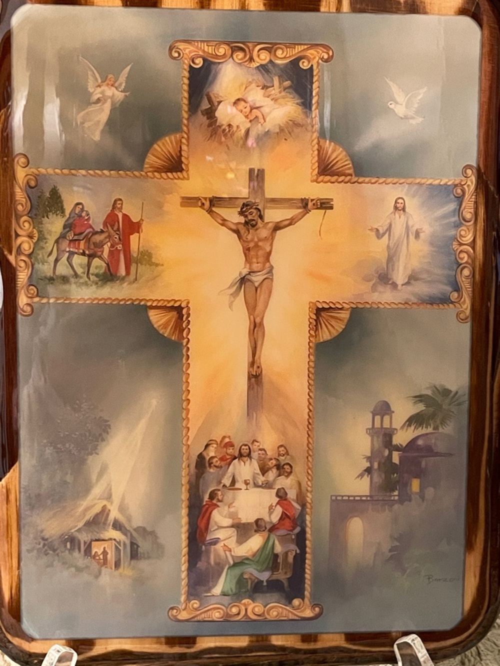 The Living Cross / Life of Jesus Wall Plaque Barzoni Print On Wood